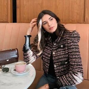 Zara Cardigan Tweed Jacket With Pearl Buttons Size S